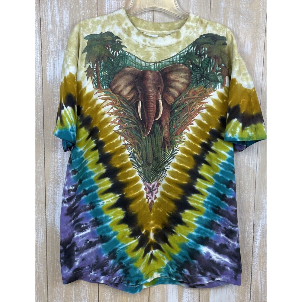 Vintage 1990 Liquid Blue Elephant Jungle Tie Dye T-Shirt Sz XL Single Stitch USA